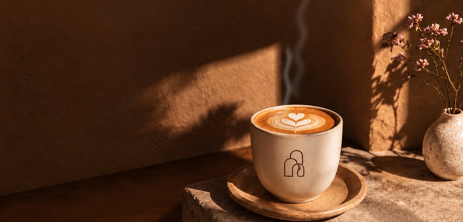 A Qahwa House cup with latte art on a stone ledge in warm afternoon light